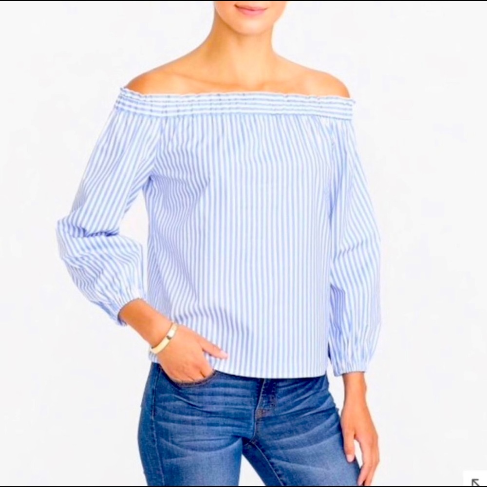 J CREW - Sky Blue Stripe Off The Shoulder Top. Size M